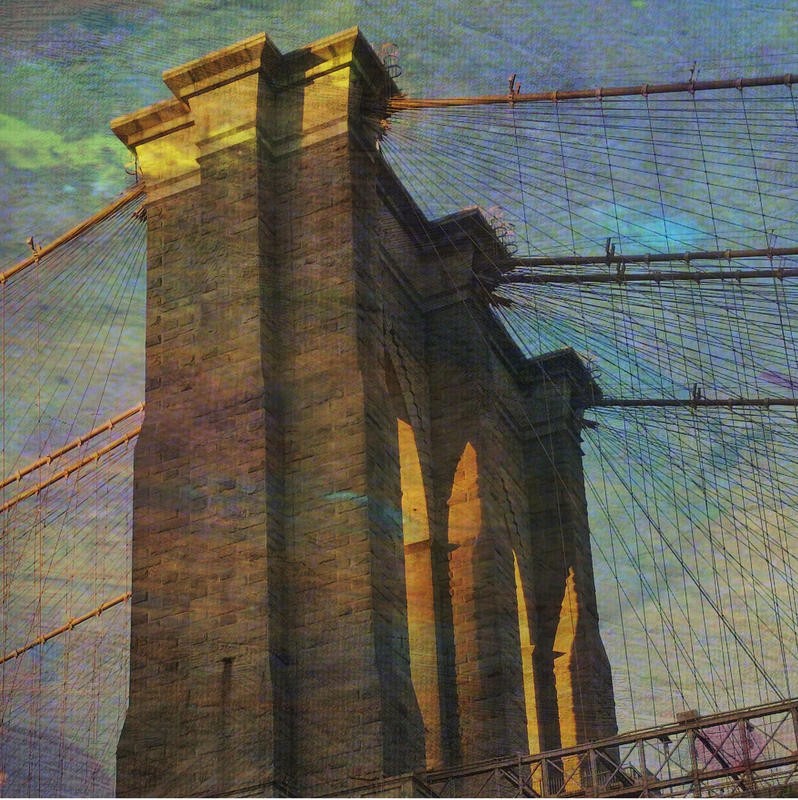 Sheldon Lewis, MAGICAL NEW YORK IV (New York, Brooklyn Bridge, Brücke, Untersicht, Perspektive, Konstruktion, Architektur, Bauwerk, Malerei, Wunschgröße, Wohnzimmer, bunt)