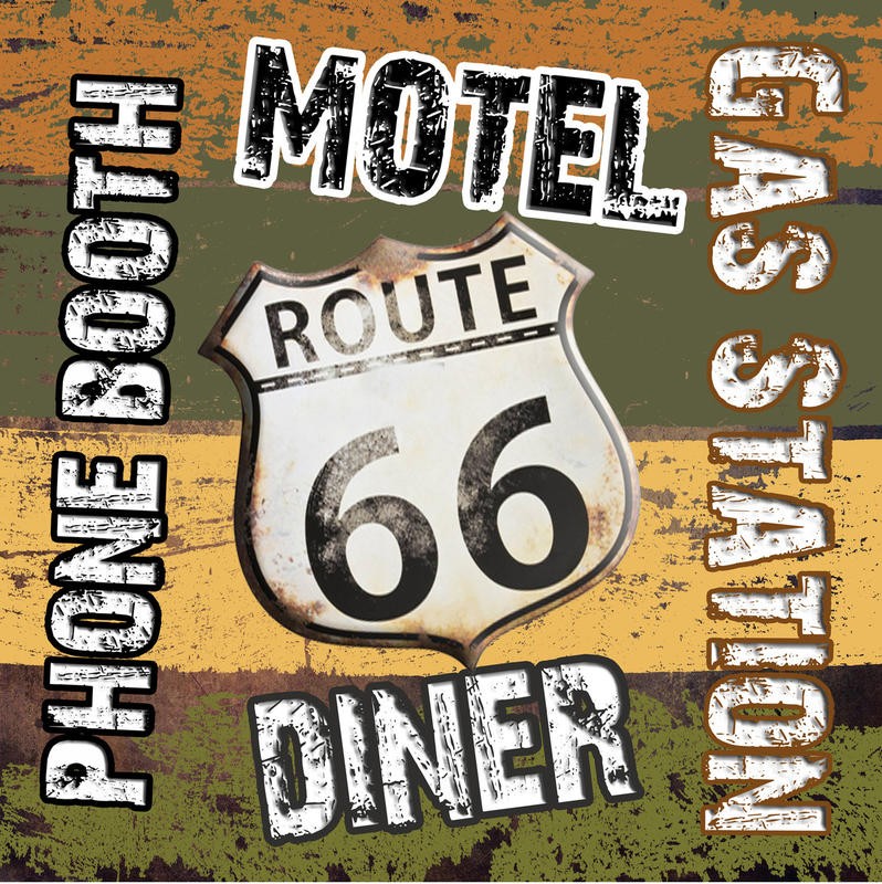 Sheldon Lewis, ROUTE 66 COMFORTS I (Route 66, Schild, Raststätte, Reisen, unterweg,  Holzpanele, Grafik, shabby, Treppenhaus, Wohnzimmer, Wunschgröße, bunt)