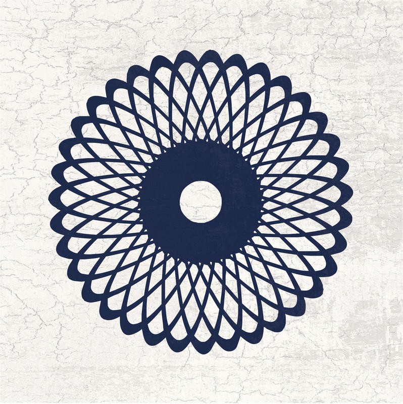 Sheldon Lewis, CONTINUUM IV (Muster, Linien, Mandala, abstrakt, Geometrisches Muster, Tapetenmuster, retro/vintage, Grafik, Wunschgröße, Wohnzimmer, Treppenhaus, blau/weiß)