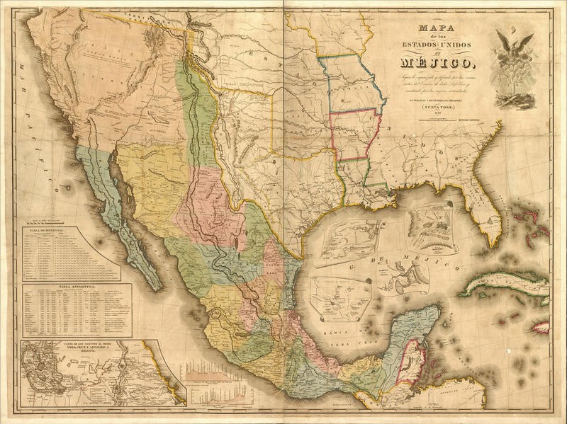 Tina Carlson, US MEXICO (Geografische Karte, Südamerika, Mexiko, Nostalgie, Grafik, Wunschgröße, Wohnzimmer, Treppenhaus, Büro, bunt)