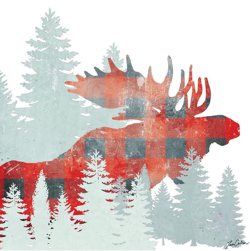 Tina Carlson, PLAID FOREST MOOSE (Elch,Geweih, Wald, Nadelbäume, stilisiert, modern, zeitgenössisch, Grafik, Wunschgröße, Wohnzimmer, Treppenhaus, Jugendzimmer, weiß/grau/rot)