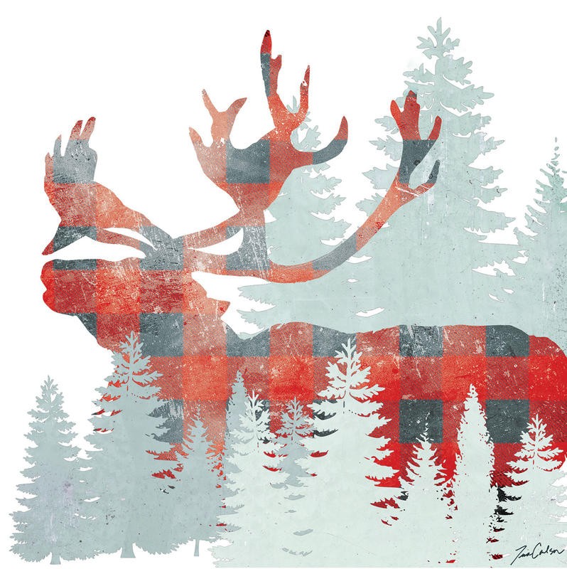 Tina Carlson, PLAID FOREST CARIBOU (Hirsch, Geweih, Wald, Nadelbäume, stilisiert, modern, zeitgenössisch, Grafik, Wunschgröße, Wohnzimmer, Treppenhaus, Jugendzimmer, weiß/grau/rot)