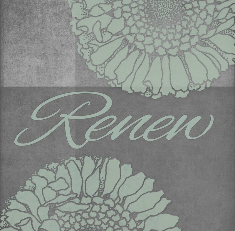 Tina Carlson, SPA FLOWER RENEW (Motivation, Entspannung, Wellness, Typographie, florale Muster, Grafik, Wunschgröße, Wohnzimmer, Treppenhaus, Schlafzimmer, grau/braun)