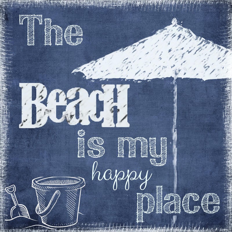 Taylor Greene, THE BEACH I (Typografie, Strand, Urlaub, Sonnenschirm, Lebensmotto, maritim, Wunschgröße,  Treppenhaus, Wohnzmmer, blau/weiß)