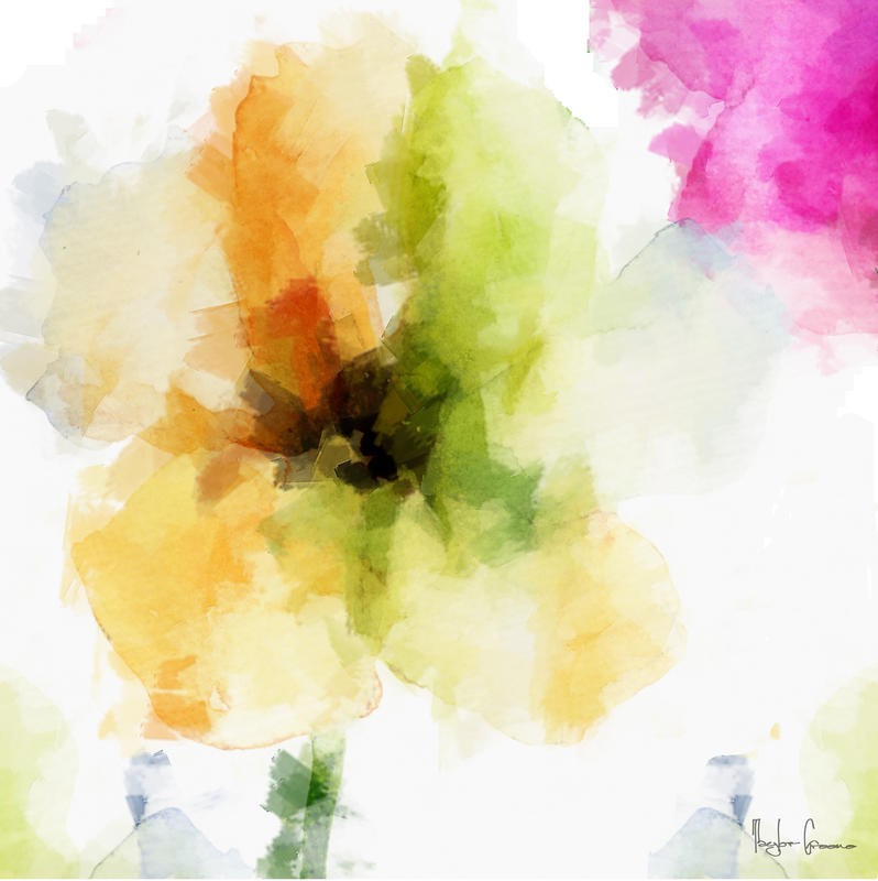 Taylor Greene, WATERCOLOR II (Blume, Blüte, fröhlich, Regenbogenfarben, Aquarell, Wunschgröße, Treppenhaus, Wohnzimmer)