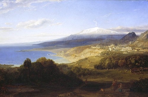 Carl Rottmann, Taormina mit dem Aetna. 1828/1829. (Landschaftsmalerei, Italien, Sizilien, Ruine, Archäologie, mythisch, episch, heroisch, Antike, Malerei, Romantik, Klassiker, Wunschgröße, Wohnzimmer, bunt)