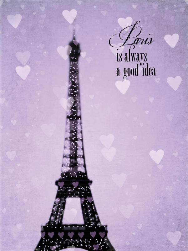 Tracey Telik, LAVENDER HEARTS OVER PARIS II (Paris, Eiffelturm, lila Himmel, Herzen, Wahrzeichen, Architektur, Wunschgröße, Wohnzimmer, Fotokunst,)