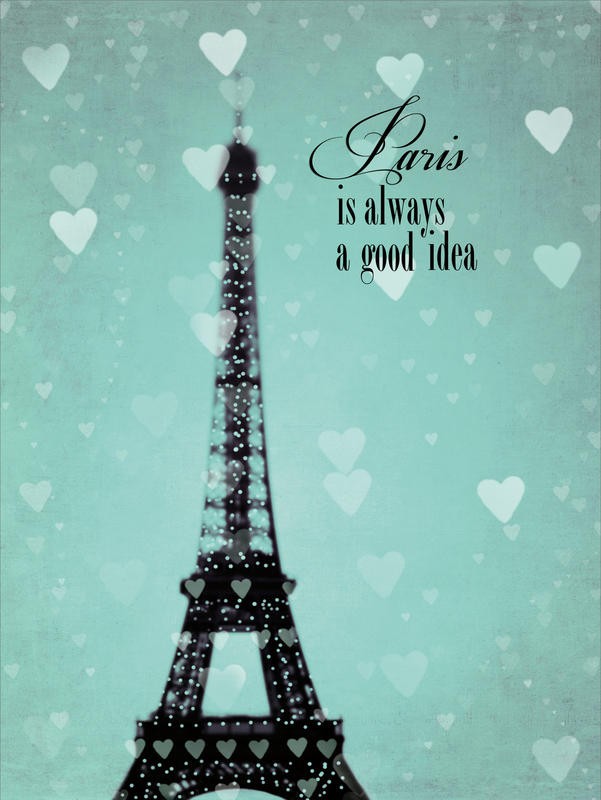 Tracey Telik, TEAL HEARTS PARIS II (Paris, Eiffelturm, türkis Himmel, Herzen, Wahrzeichen, Architektur, Wunschgröße, Wohnzimmer, Fotokunst,)