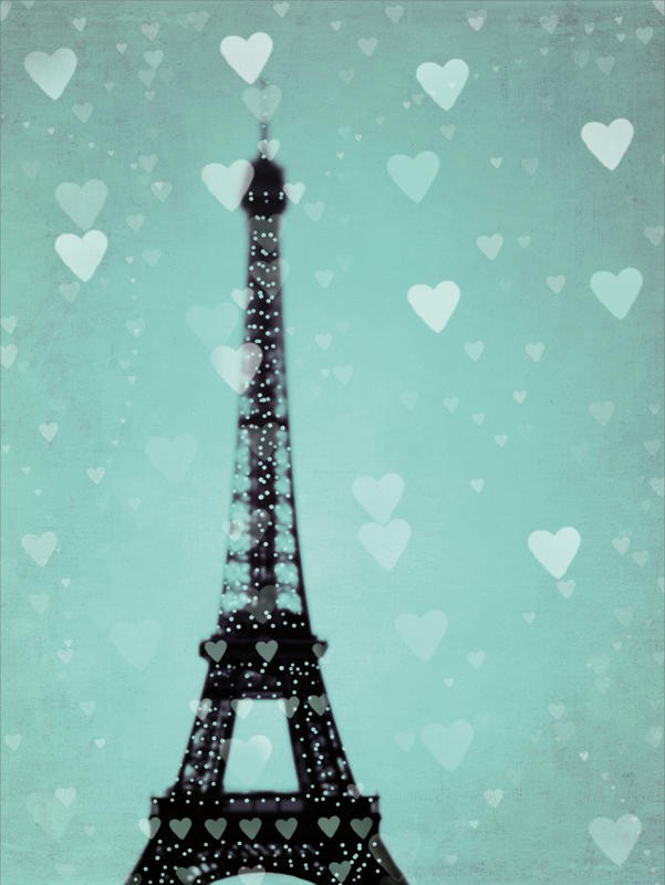 Tracey Telik, TEAL HEARTS PARIS I (Paris, Eiffelturm, türkis Himmel, Herzen, Wahrzeichen, Architektur, Wunschgröße, Wohnzimmer, Fotokunst,)