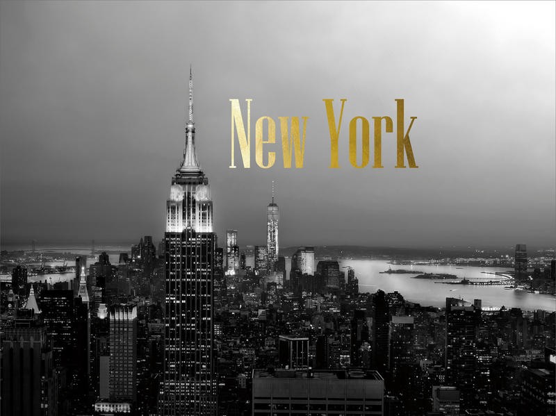 Tracey Telik, GOLDEN NEW YORK (New York, Metropole, Panorama, Wolkenkratzer, Empire State Building, Architektur, Wunschgröße, Wohnzimmer, Fotokunst, Nachtszene, schwarz/weiß)