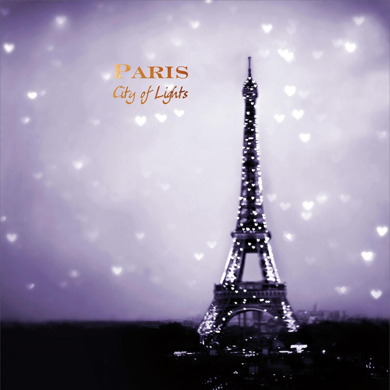 Tracey Telik, CITY OF LIGHTS (Paris, Eiffelturm, lila Himmel, Herzen, Wahrzeichen, Nachtszene, Architektur, Wunschgröße, Wohnzimmer, Fotokunst,)