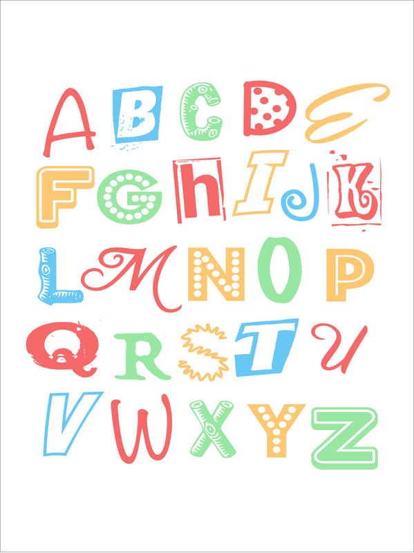 Victoria Brown, ALPHABET II (Buchstaben, Alphabet, lernen, buchstabieren, Grafik, Kinderzimmer, Treppenhaus, Wunschgröße, weiß/bunt)