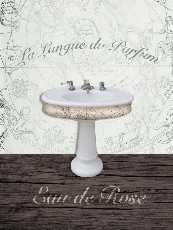 Victoria Brown, MAPPED BATH II (Waschbecken, Nostalgie, französisch, Kalligrafie, Parfum, Vintage, Grafik, Badezimmer,Treppenhaus,  Wunschgröße, braun/beige)