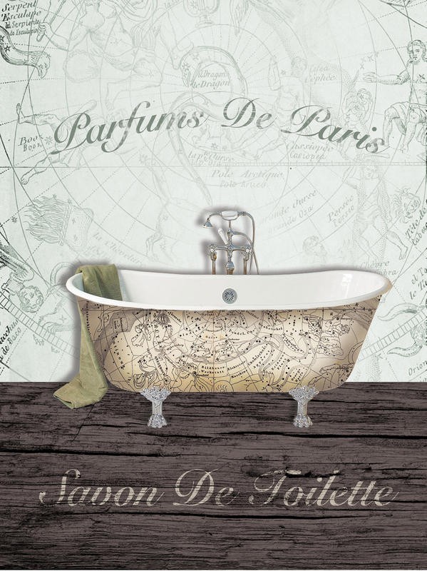 Victoria Brown, MAPPED BATH I (Badewanne, Nostalgie, französisch, Kalligrafie, Parfum, Vintage, Collage,  Grafik, Badezimmer,Treppenhaus,  Wunschgröße, braun/beige)