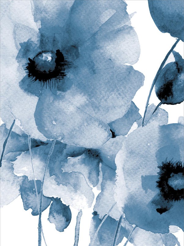 Victoria Brown, RAINING FLOWERS I (Blumen, Blüten, Blütenblätter, Botanik, Treppenhaus, Schlafzimmer, Wohnzimmer, Wunschgröße, Malerei, Aquarell, blau/weiß)