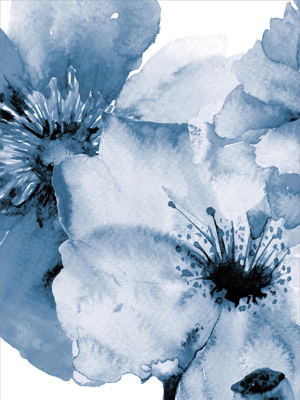 Victoria Brown, RAINING FLOWERS II (Blumen, Blüten, Blütenblätter, Botanik, Treppenhaus, Schlafzimmer, Wohnzimmer, Wunschgröße, Malerei, Aquarell, blau/weiß)