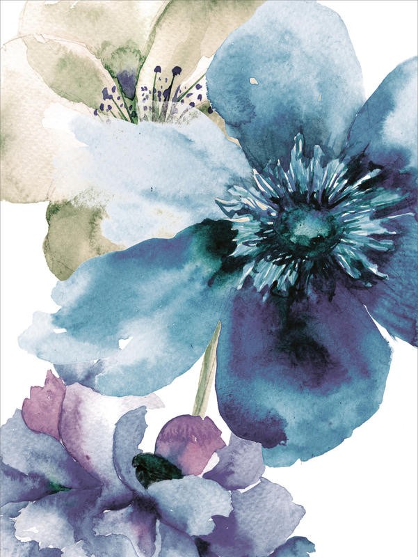 Victoria Brown, BLOOMING SKY I (Blumen, Blüten, Blütenblätter, Botanik, Treppenhaus, Schlafzimmer, Wohnzimmer, Wunschgröße, Malerei, Aquarell, bunt)