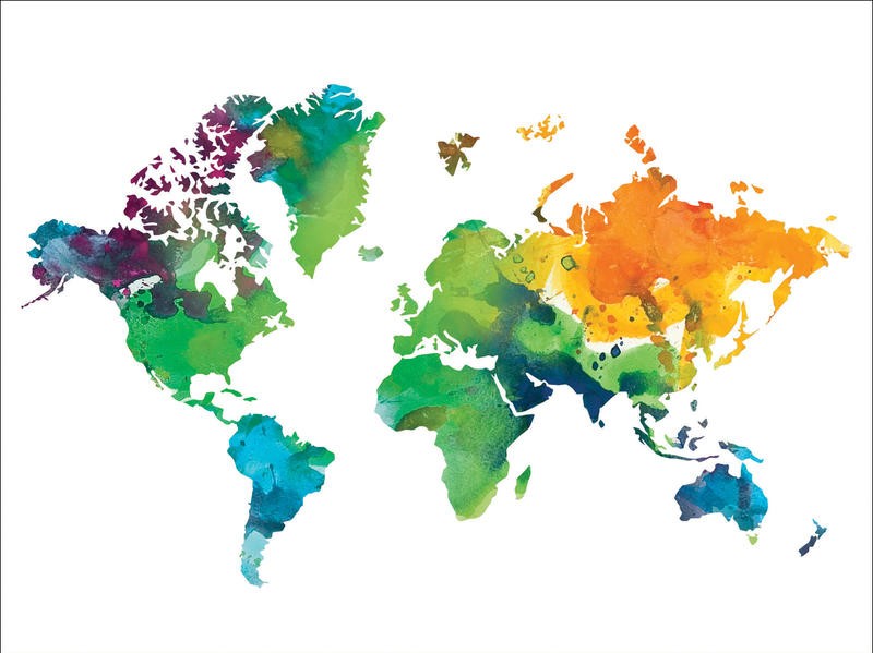 Victoria Brown, WATERCOLOR MAP I (Landkarte, Weltkarte, Länder, Kontinente, Wasserfarben, Aquarell, Arbeitszimmer, Wohnzimmer, Treppenhaus,  Wunschgröße, bunt)