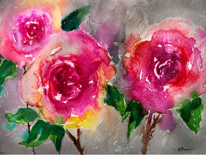 Victoria Brown, PINK ROSES (Blumen, Blüten, Rosen, Botanik, Treppenhaus, Schlafzimmer, Wohnzimmer, Wunschgröße, Malerei, Aquarell, bunt)