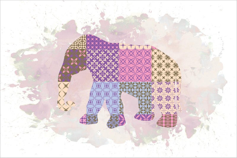 Victoria Brown, PATCHWORK ELEPHANT (Elefant, Großwild, Patchwork, geometrische Muster, Farbklecks, Grafik, Kinderzimmer, Wohnzimmer, Jugendzimmer, Treppenhaus,  Wunschgröße, bunt)