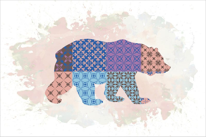 Victoria Brown, PATCHWORK BEAR (Bär, Patchwork, geometrische Muster, Farbklecks, Grafik, Kinderzimmer, Wohnzimmer, Jugendzimmer, Treppenhaus,  Wunschgröße, bunt)