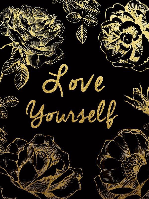 Victoria Brown, POSITIVE I (Lebensweisheit, Spruch, Inspiration, Motivation, Liebe, Selbstbewusstsein, Typografie, Grafik, Wunschgröße, Treppenhaus, schwarz/gold)