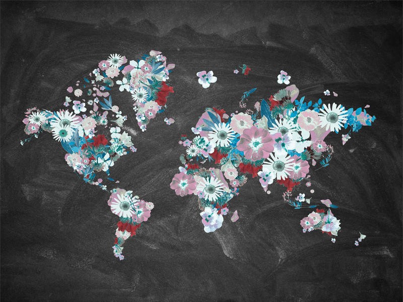 Victoria Brown, BLOOMING MAP I (Landkarte, Weltkarte, Länder, Kontinente, Blumen, Blüten, Jugendzimmer, Wohnzimmer, Treppenhaus,  Wunschgröße, schwarz/ bunt)
