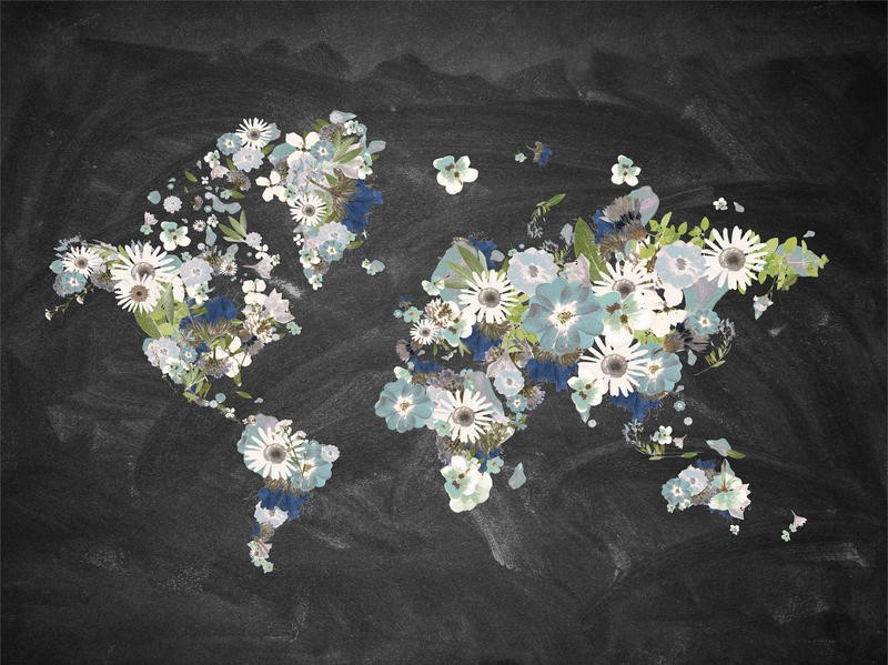 Victoria Brown, BLOOMING MAP II (Landkarte, Weltkarte, Länder, Kontinente, Blumen, Blüten, Jugendzimmer, Wohnzimmer, Treppenhaus,  Wunschgröße, schwarz/ bunt)