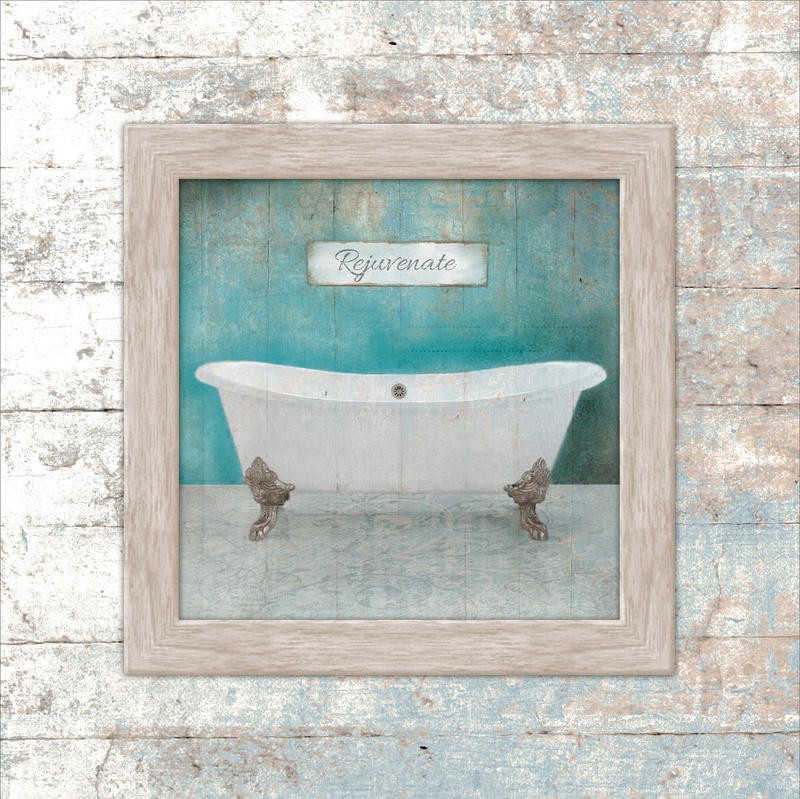 Victoria Brown, FRAMED AQUA BATH I (Badewanne, Nostalgie, Holzpanele, französisch, Vintage, Bild im Bild, Grafik, Badezimmer, Treppenhaus,  Wunschgröße, hellblau/weiß)