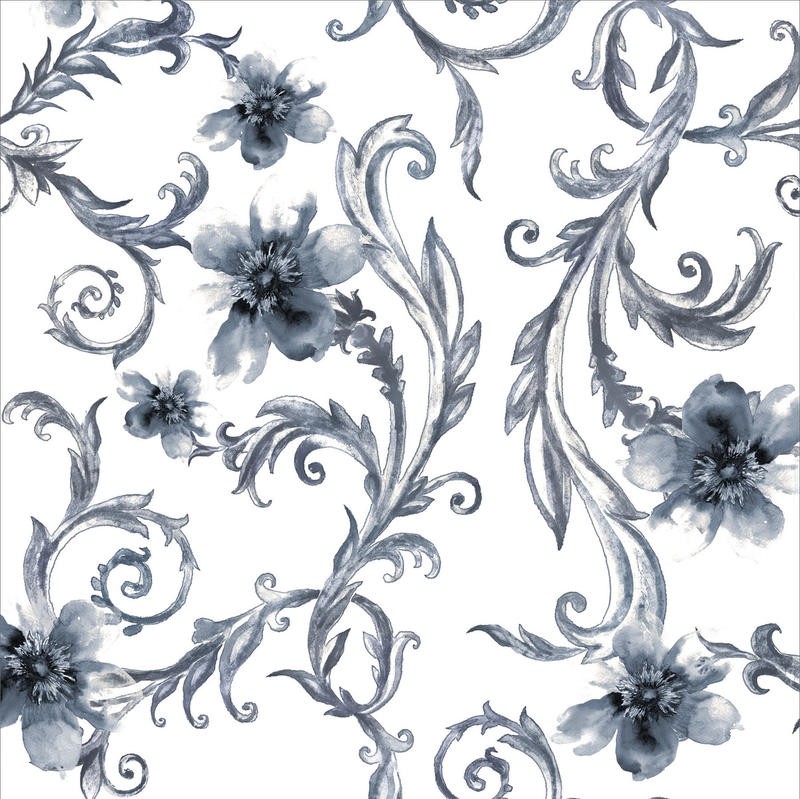 Victoria Brown, FLAIR I (Muster, Schnörkel, Tapetenmuster, Arabesken, floral, Blüten, Vintage, Grafik, Schlafzimmer,Treppenhaus,  Wunschgröße, grau/weiß)