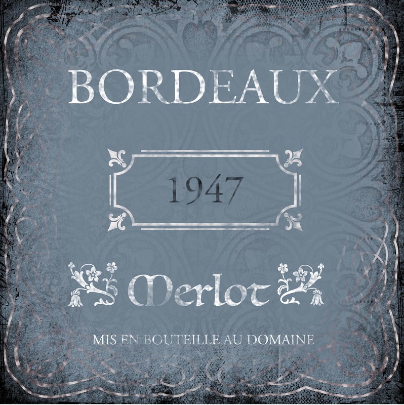 Victoria Brown, WINE LABEL II (Etikett, Weinflasche, Rotwein, Merlot, Vintage, Nostalgie, Grafik, Esszimmer, Küche, Bar, Gastronomie, Wunschgröße, bunt)