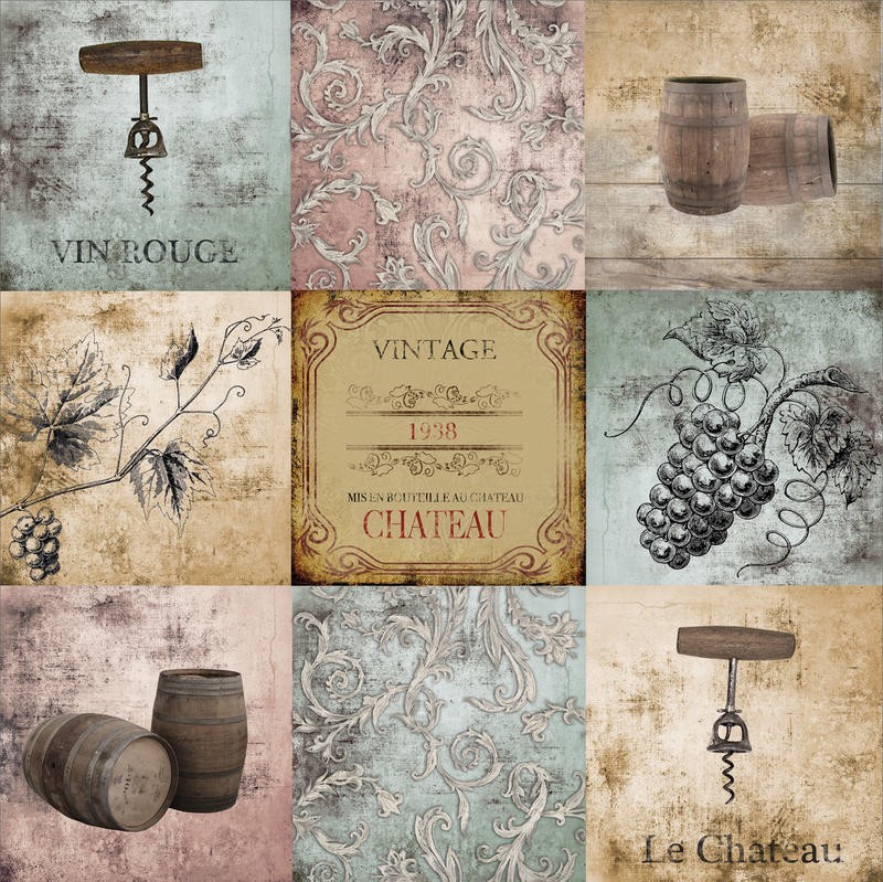 Victoria Brown, VINTAGE WINE COLLAGE (Etikett, Weinfass, Trauben, Korkenzieher, Collage, Vintage, Nostalgie, Grafik, Esszimmer, Küche, Bar, Gastronomie, Wunschgröße, bunt)