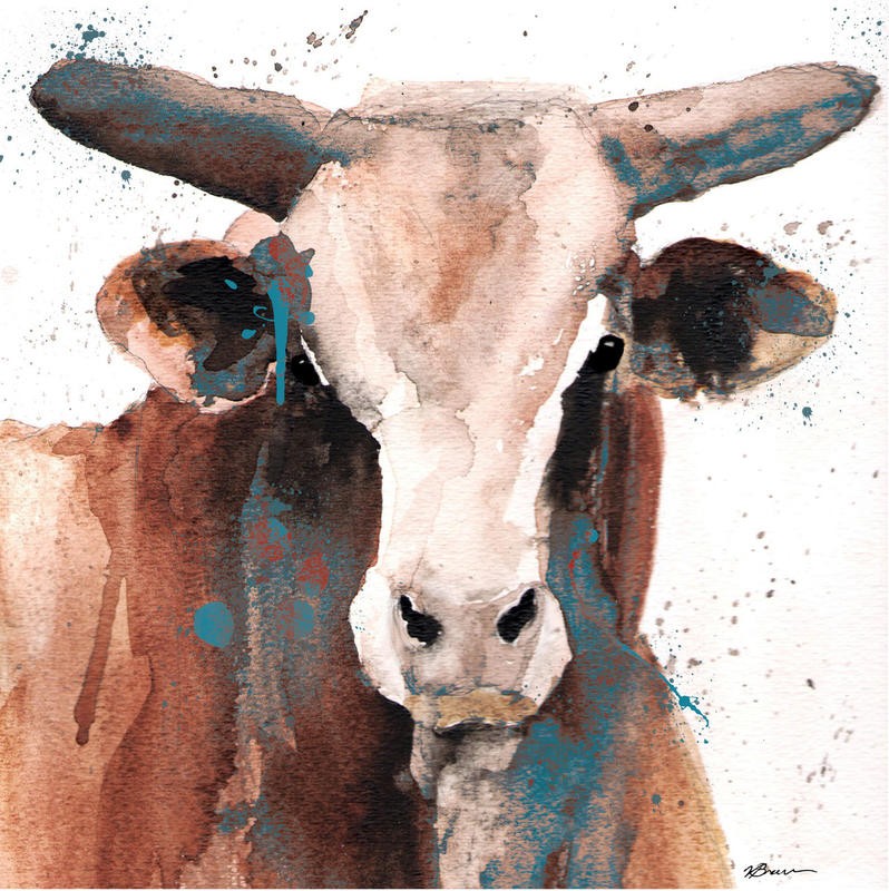 Victoria Brown, DANGEROUS I (Kuh, Tierportrait, Hörner, Nutztier, moderne malerei, Aquarell, Wunschgröße, Treppenhaus, Wohnzimmer)