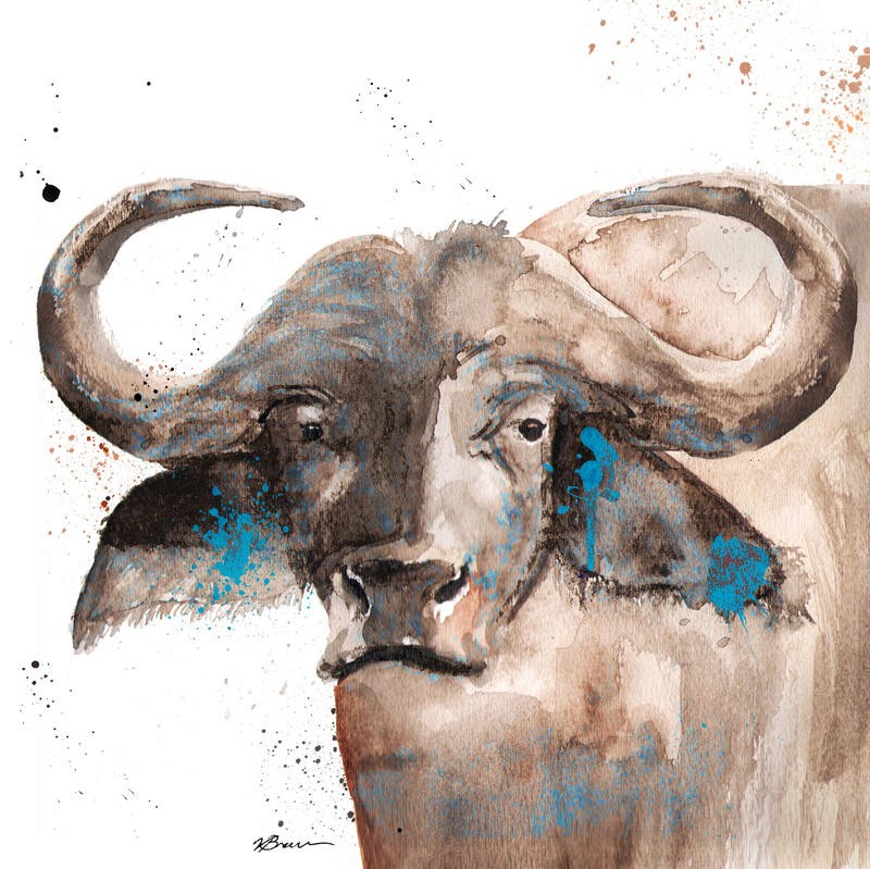 Victoria Brown, DANGEROUS II (Büffel, Wasserbüffel, Tierportrait, Hörner, Nutztier, moderne Malerei, Aquarell, Wunschgröße, Treppenhaus, Wohnzimmer)