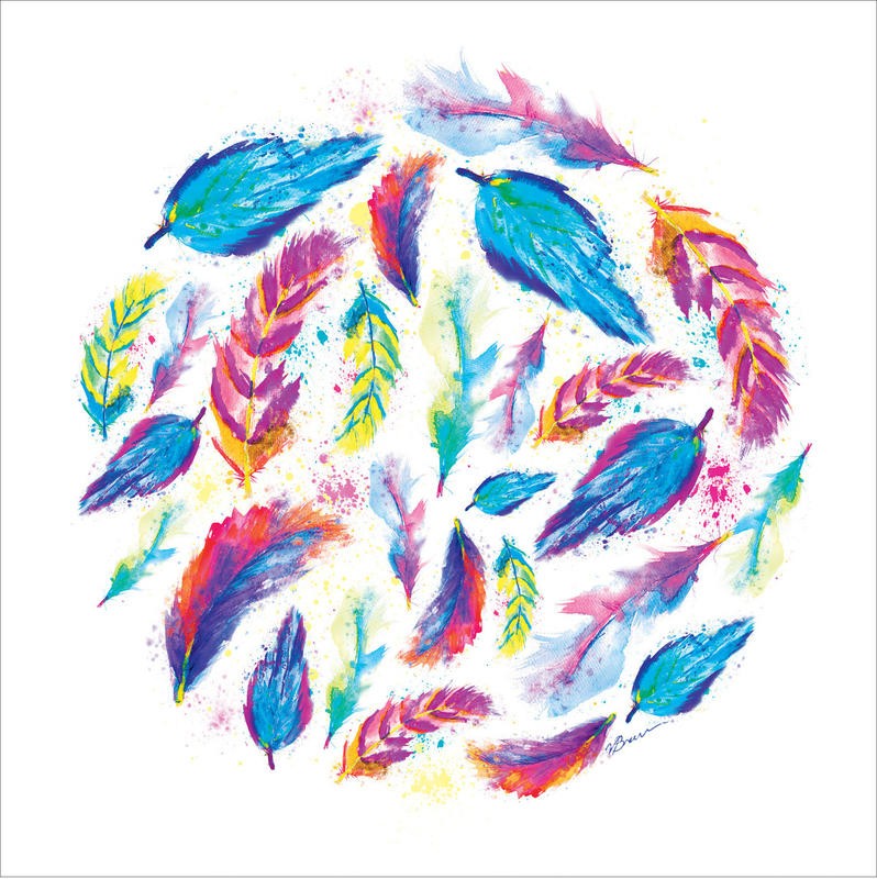 Victoria Brown, DREAM CYCLE (Federn, Vogelfedern, neonfarben, Jung und Wild, Grafik, Jugendzimmer, Treppenhaus, Wohnzimmer, Wunschgröße, bunt)