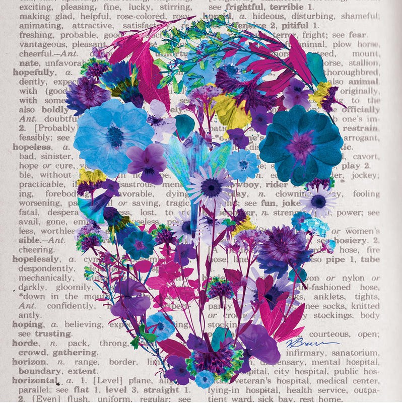 Victoria Brown, COLORFUL SKULL II (Totenkopf, Blumen, Blüten, Jung und Wild, Buchseite, Lexikonseite, Grafik, Jugendzimmer, Treppenhaus,  Wunschgröße, bunt)