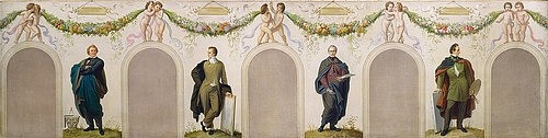 Wilhelm von Kaulbach, Freskenzyklus für die Neue Pinakothek München (1848-54): Friedrich von Gärtner, Julius Schnorr von Carolsfeld, Heinrich Hess und Carl Rottmann. (München,Neue Pinakothek,Kaulbach,Wilhelm von,1804-1874,Lwd.,19. Jahrhundert,Gärtner,Schnorr von Carolsfeld,Hess,Rottmann,Kaulbach, Wilhelm von 1804-1874, Bayerische Staatsgemäldesammlungen,Künstler,Künstlerportraits,Portraits,Architekt)
