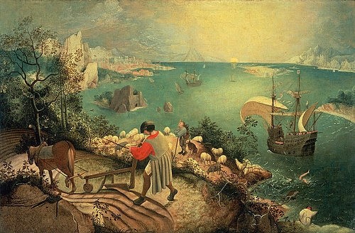 Pieter BRUEGHEL DER ÄLTERE, Landschaft mit dem Sturz des Ikarus. Um 1558 (Brueghel d.Ä.,Pieter,1525/30-1569,Brüssel,Musées des Beaux-Arts,Öl/Holz/Lwd.,Meer,Bauern,Mythologie,Ikarus,Pieter Brueghel der Ältere,Acker,pflügen)