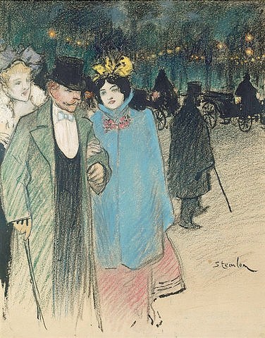 Théophile-Alexandre Steinlen, Nach dem Theater. Um 1900. (Art Nouveau, Jugendstil, Straßenszene, Paar, Abendlicht, Heimweg, Stadt, Wohnzimmer, Treppenhaus, Wunschgröße, bunt)