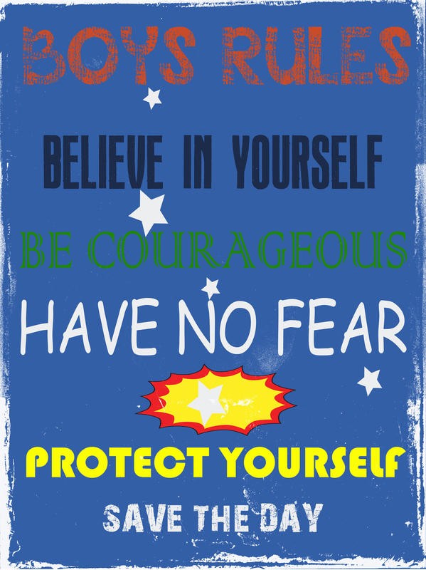 Sheldon Lewis, BOYS RULES II (Mut, Held, Motivation, Comic, Inspiration, Typografie, Wunschgröße, Grafik, Jugendzimmer, Treppenhaus, bunt)