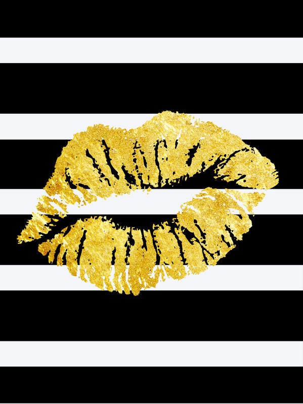 Sheldon Lewis, HELLO CUPID II (Inspiration, Motivation, Liebe, Kuss, Kussmund, Lippen, Blockstreifen, Jugendzimmer, Wohnzimmer,  Wunschgröße, Grafik, schwarz/weiß/gold)