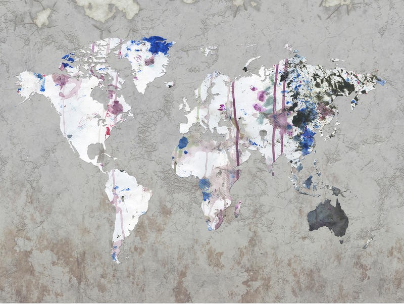 Sheldon Lewis, MAP YOUR ADVENTURES I (Weltkarte, Kartografie, Kontinente, modern, Treppenhaus, Wohnzimmer, Wunschgröße, Grafik, grau/bunt)