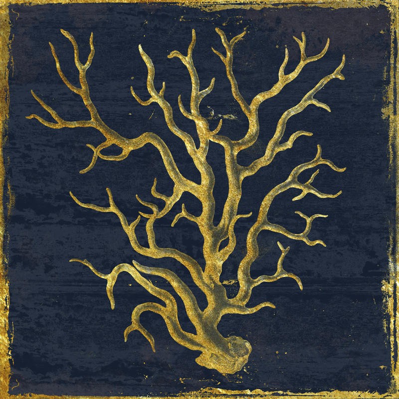 Sheldon Lewis, AT THE COAST GOLD I (Koralle, Korallenbaum, maritim, Meerestier, Studie, vintage/retro, shabby, Wunschgröße, Grafik, Badezimmer, Treppenhaus,gold/blau)