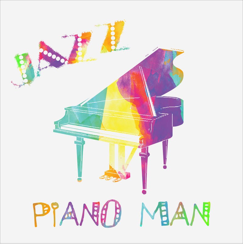 Sheldon Lewis, COLORFUL PIANO MAN (Musikm Instrument, Flügel, Musiker, Jazz, Inspiration, Kalligrafie, modern, Musikzimmer, Wohnzimmer, Wunschgröße, Grafik, regenbogenfarben)