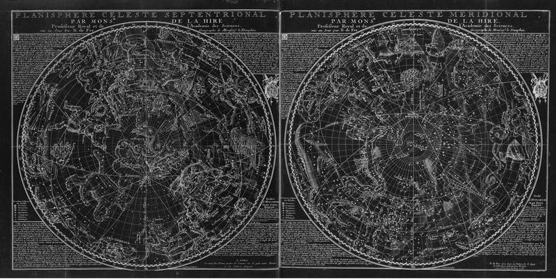 Tina Carlson, PLANISPHERE II (Geografische Karte, Sternenhimmel, Tierkeiszeichen, Sternzeichen, Planisphäre, Nostalgie, Grafik, Wunschgröße, Wohnzimmer, Treppenhaus, Schlafzimmer, schwarz)
