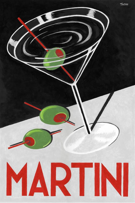 Thom Reaves, RETRO TIME I (Aperitif, Martini, Oliven, Plakatkunst, Werbung, Retro, Vintage, Nostalgie, Wunschgröße, Grafik, Küche, Esszimmer, Bar, Gastronomie, Bistro, bunt)