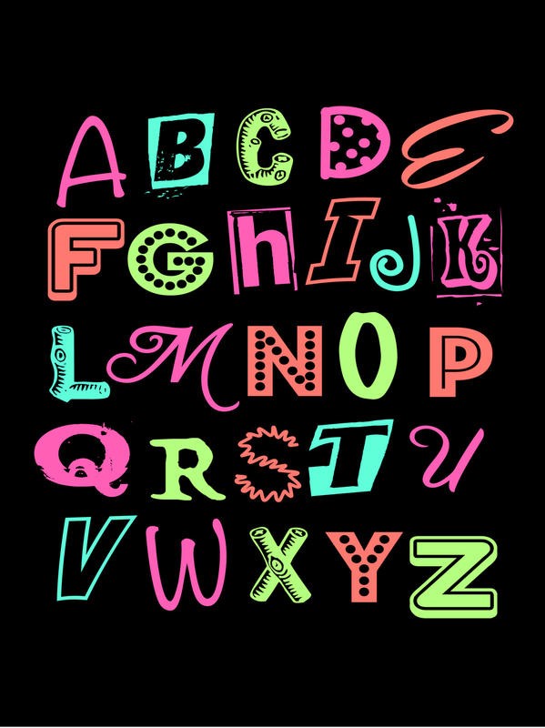 Victoria Brown, ALPHABET I (Buchstaben, Alphabet, lernen, buchstabieren, Grafik, Kinderzimmer, Treppenhaus, Wunschgröße, schwarz/bunt)
