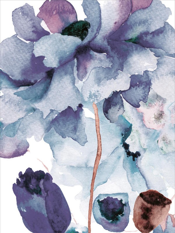 Victoria Brown, BLOOMING SKY II (Blumen, Blüten, Blütenblätter, Botanik, Treppenhaus, Schlafzimmer, Wohnzimmer, Wunschgröße, Malerei, Aquarell, bunt)