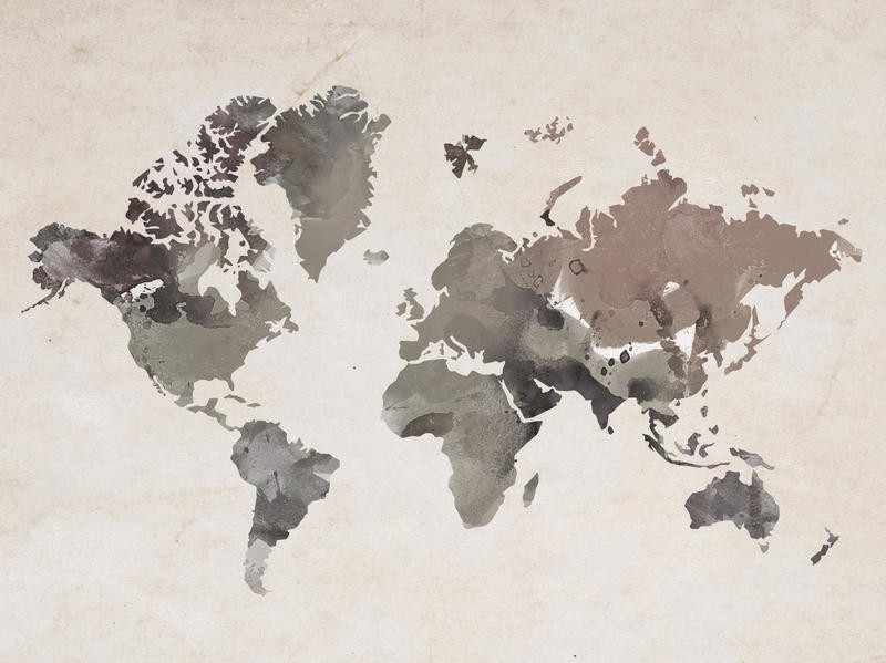 Victoria Brown, WATERCOLOR MAP II (Landkarte, Weltkarte, Länder, Kontinente, Wasserfarben, Aquarell, Arbeitszimmer, Wohnzimmer, Treppenhaus,  Wunschgröße, grau)