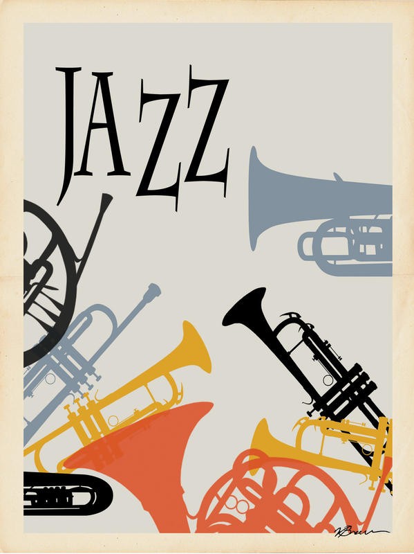 Victoria Brown, JAZZ I (Jazz, Musikinstrumente, Blasinstrumente, plakativ, Grafik, Wohnzimmer, Musikzimmer, Treppenhaus, Wunschgröße, bunt)